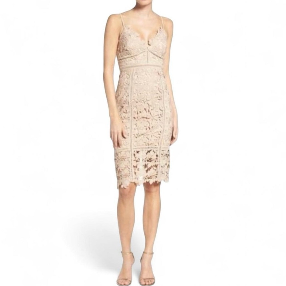 Bardot Beige Lace Midi Dress Floral Crochet Strappy Occasion Dress Size 8